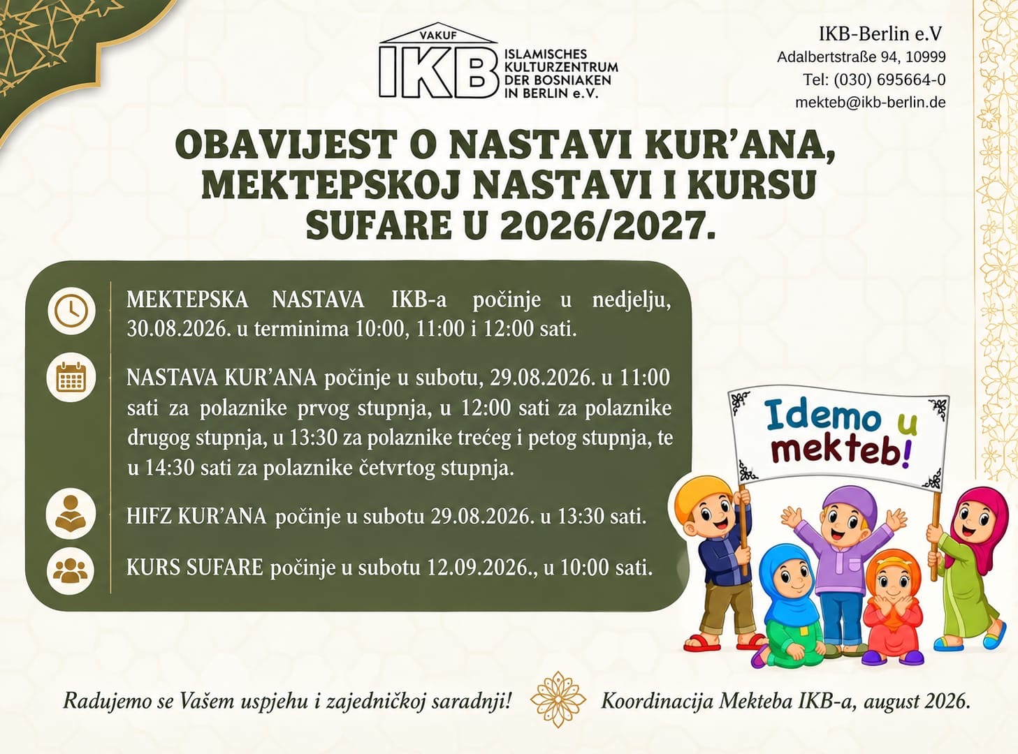 Proglas o početku Mektepske nastave IKB-a 2026/2027.